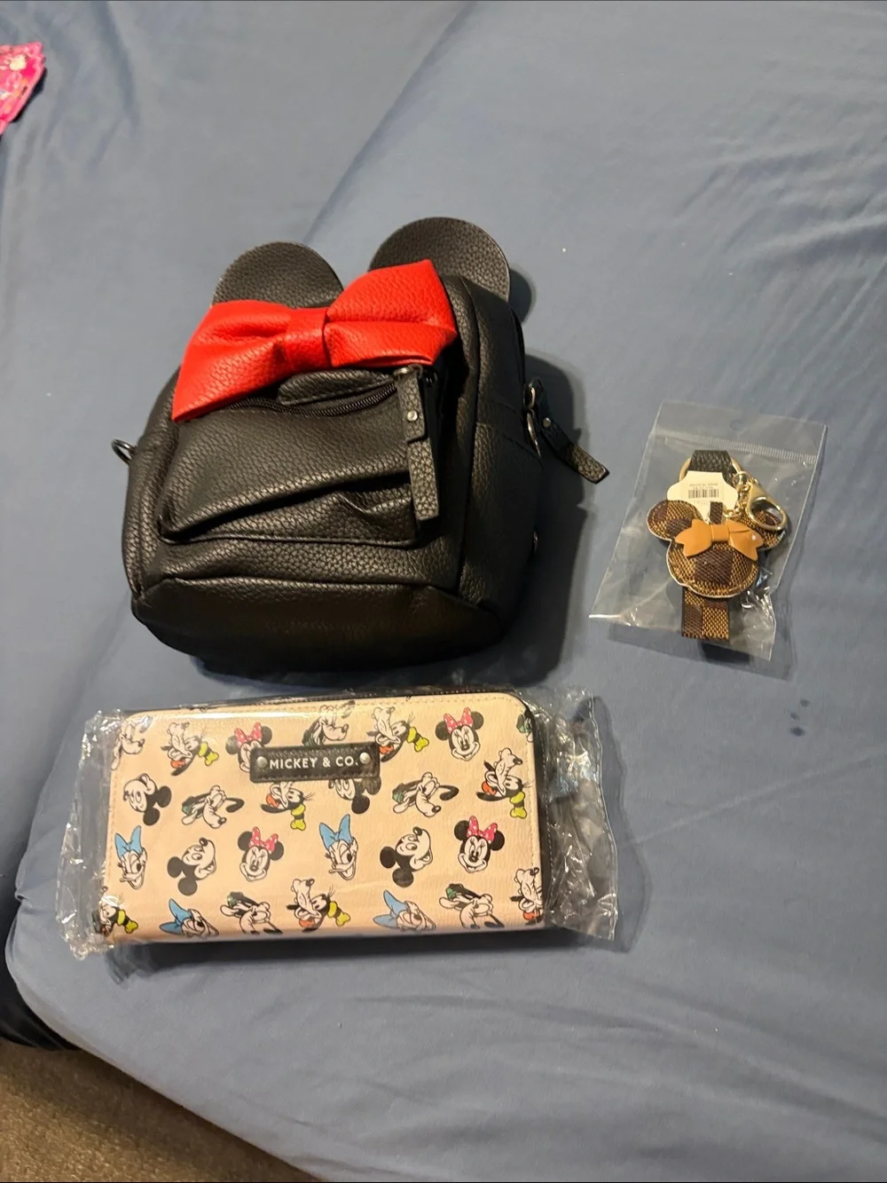 Black Mini Backpack nwot with Red Bow, purse charm and Mickey and Co wallet nwt
